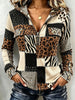 Women Mixed Animal Print Patchwork Half Zip Hooded Long Sleeve Top
