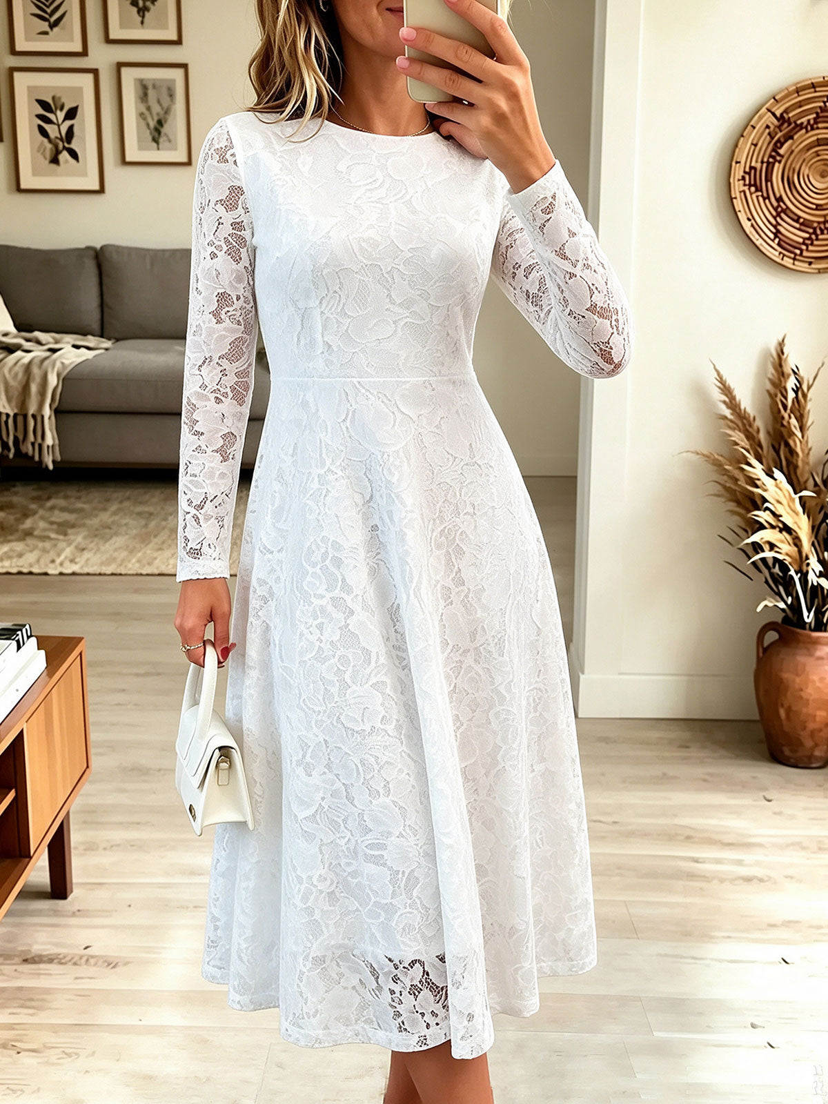 Women's Long Sleeve Full Lace Midi Dress, Round Neck A-Line Flowy Party Dress