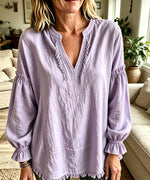 Women Boho Fringe V‑Neck Puff Long Sleeve Blouse Top