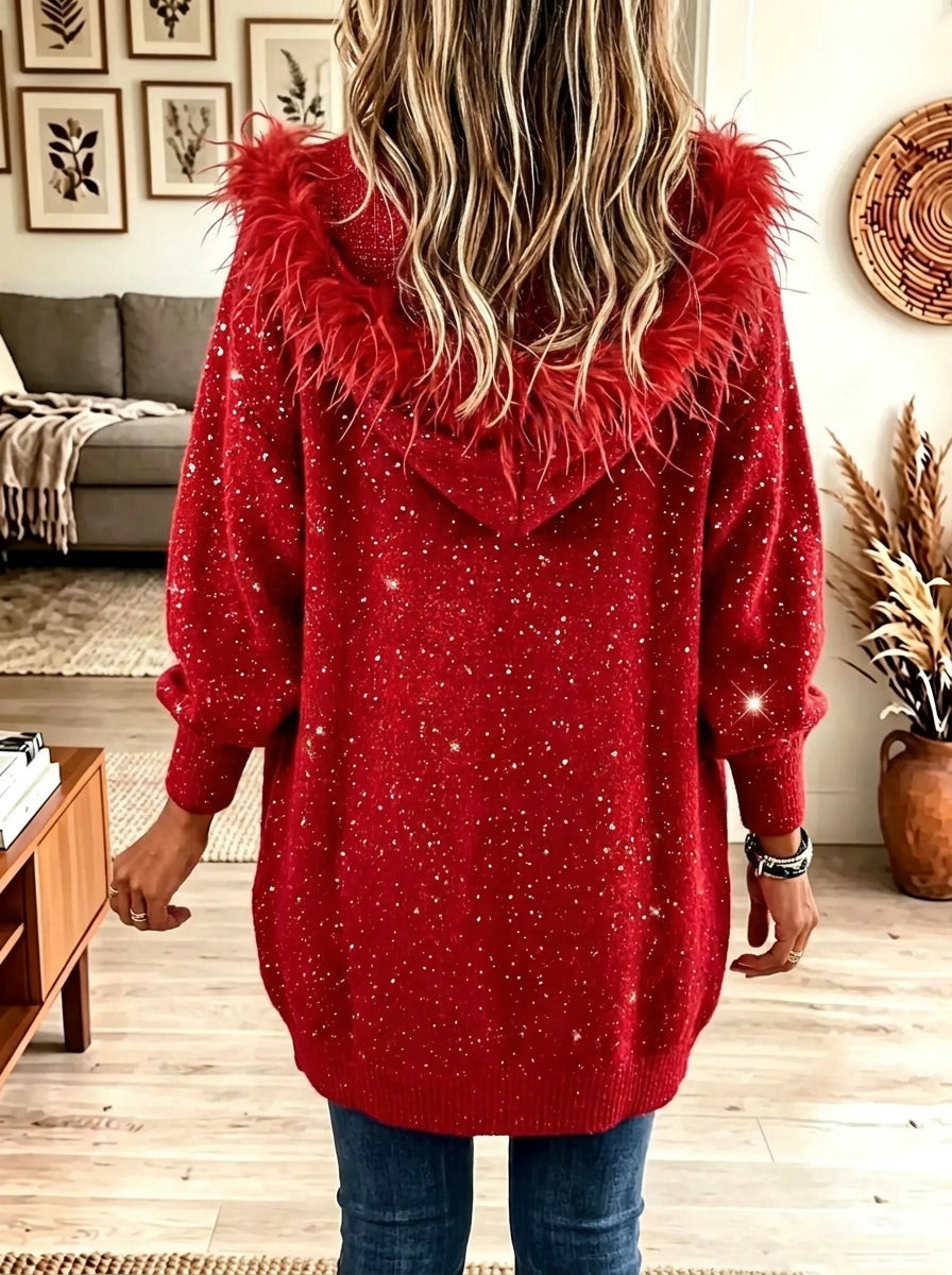 Women's Feather Trim Glitter Knit Duster Cardigan