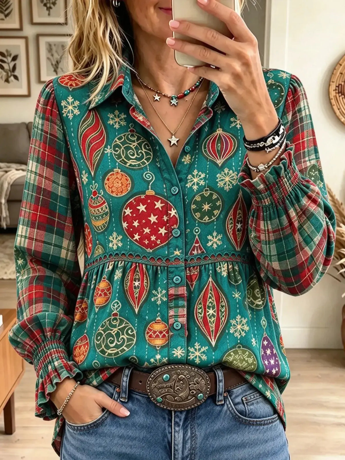 Women's Christmas Bauble Print Plaid Babydoll Blouse