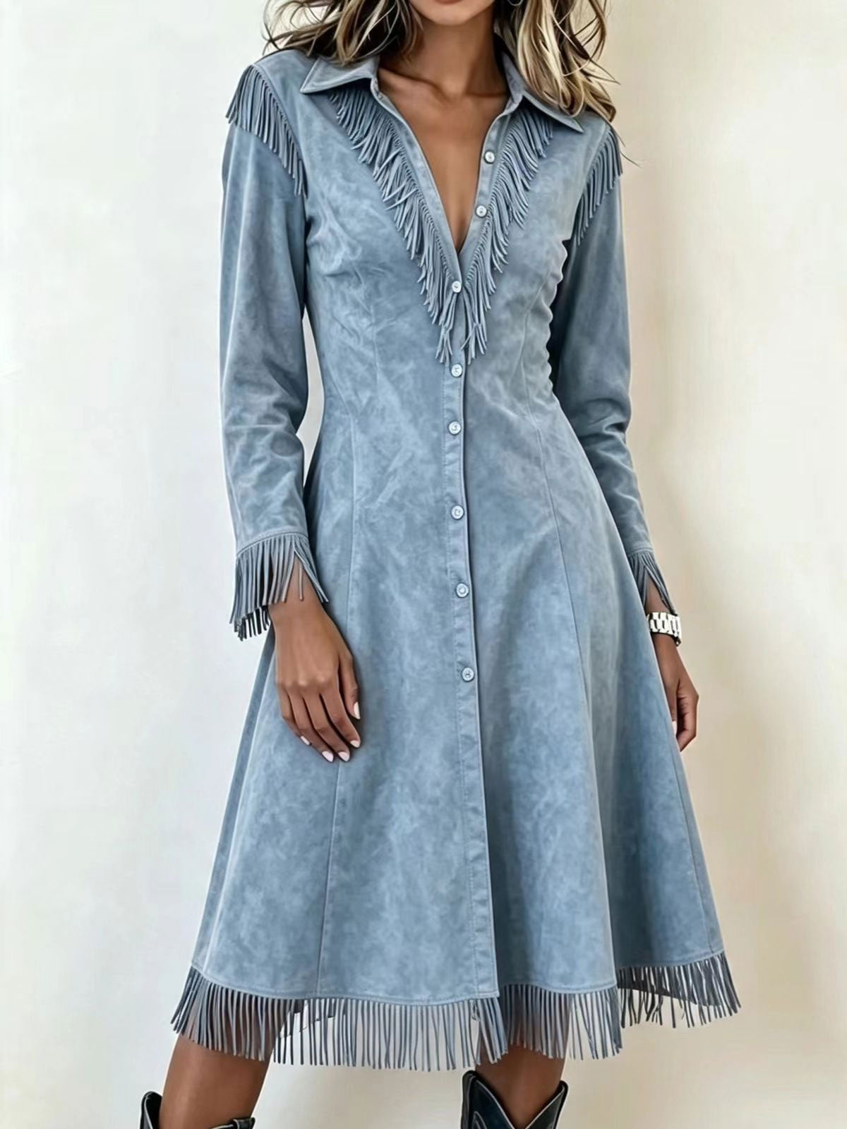Women Western Faux Suede Fringe Long Sleeve Midi Shirt Dress