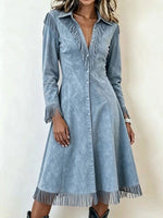 Women Western Faux Suede Fringe Long Sleeve Midi Shirt Dress