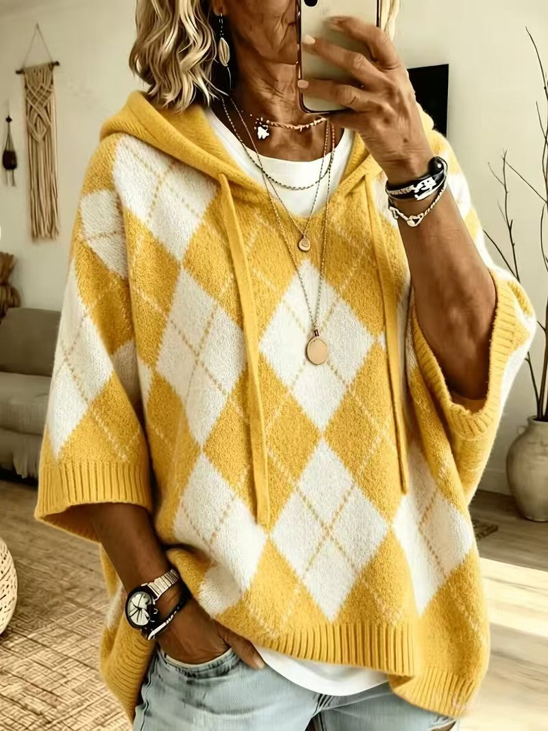 Women Argyle Diamond Pattern Hooded Half‑Sleeve Knit Sweater