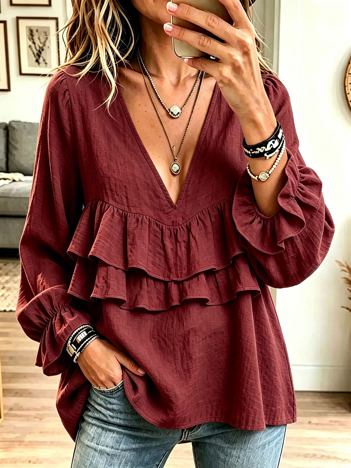 Women V‑Neck Double Ruffle Flounce Long Puff Sleeve Blouse Top