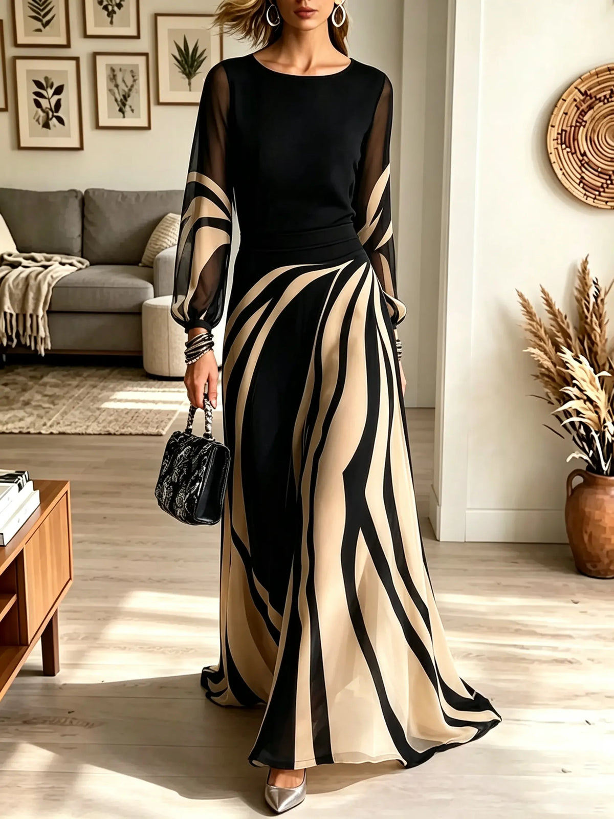 Women's Abstract Swirl Print Sheer Maxi Dress