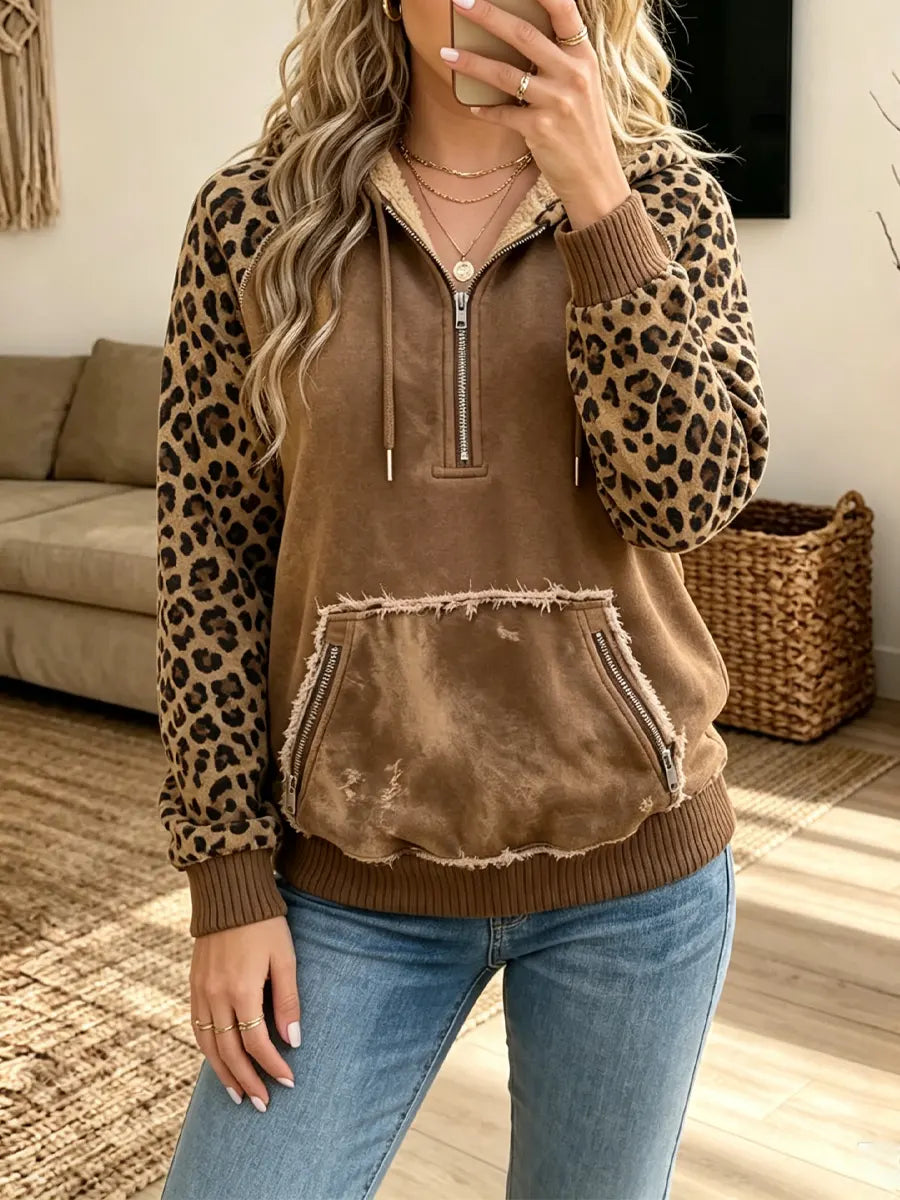 Retro Leopard Zip Fleece Hooded Art Casual Stylish Long Sleeve Sweatshirt