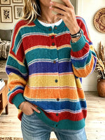 Women Rainbow Striped Cable Knit Button Front Crewneck Cardigan