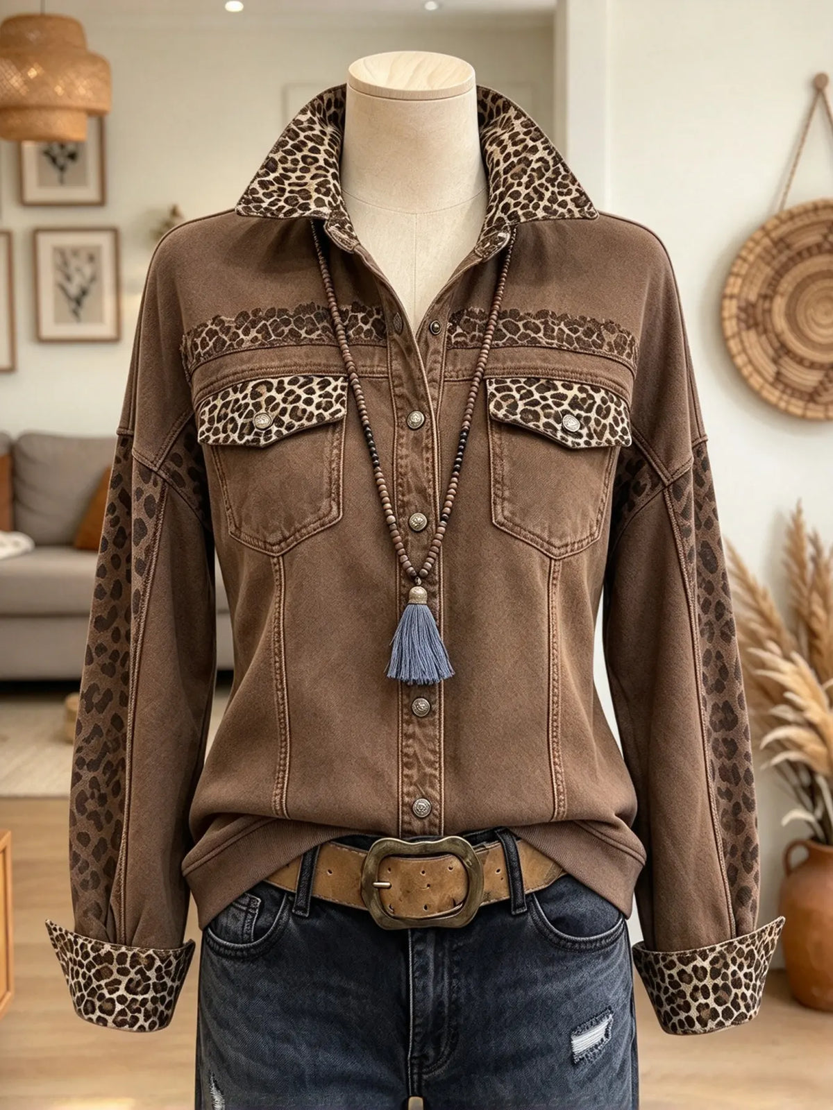 Women's Leopard Trim Button-Down Denim Shirt Jacket