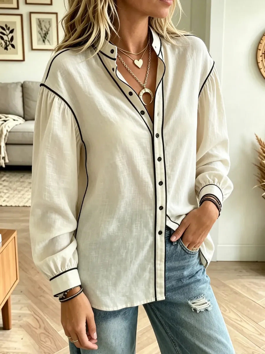Retro Color Block Art Stand Collar Casual Long Sleeve Cotton Shirt