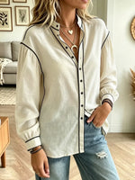Retro Color Block Art Stand Collar Casual Long Sleeve Cotton Shirt