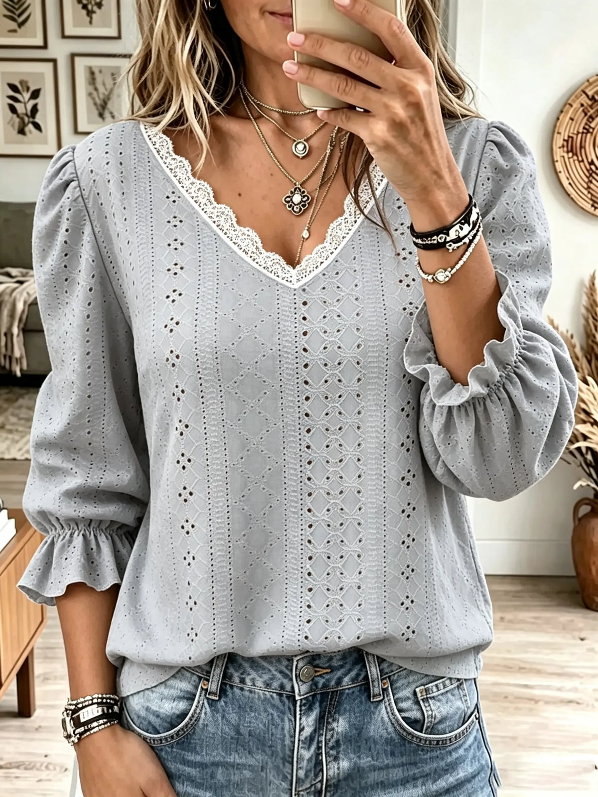 Women's Eyelet Lace Trim V-Neck Blouse
