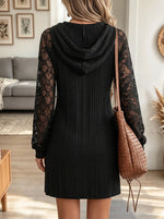 Women's Floral Lace Sleeve Ribbed Hoodie Mini Dress