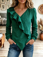 Vintage Elegant Cotton-linen Blend Patchwork Ruffle Shirt