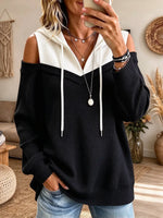 Women'swaffle-knit Colorblock Off-shoulder Hooded Sweatshirt