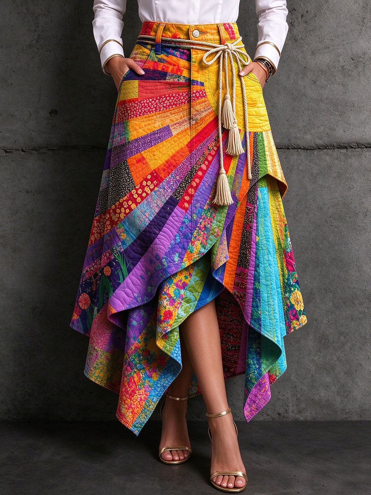 Women Bohemian Patchwork Asymmetrical Midi Skirt with Tassel Tie Waist