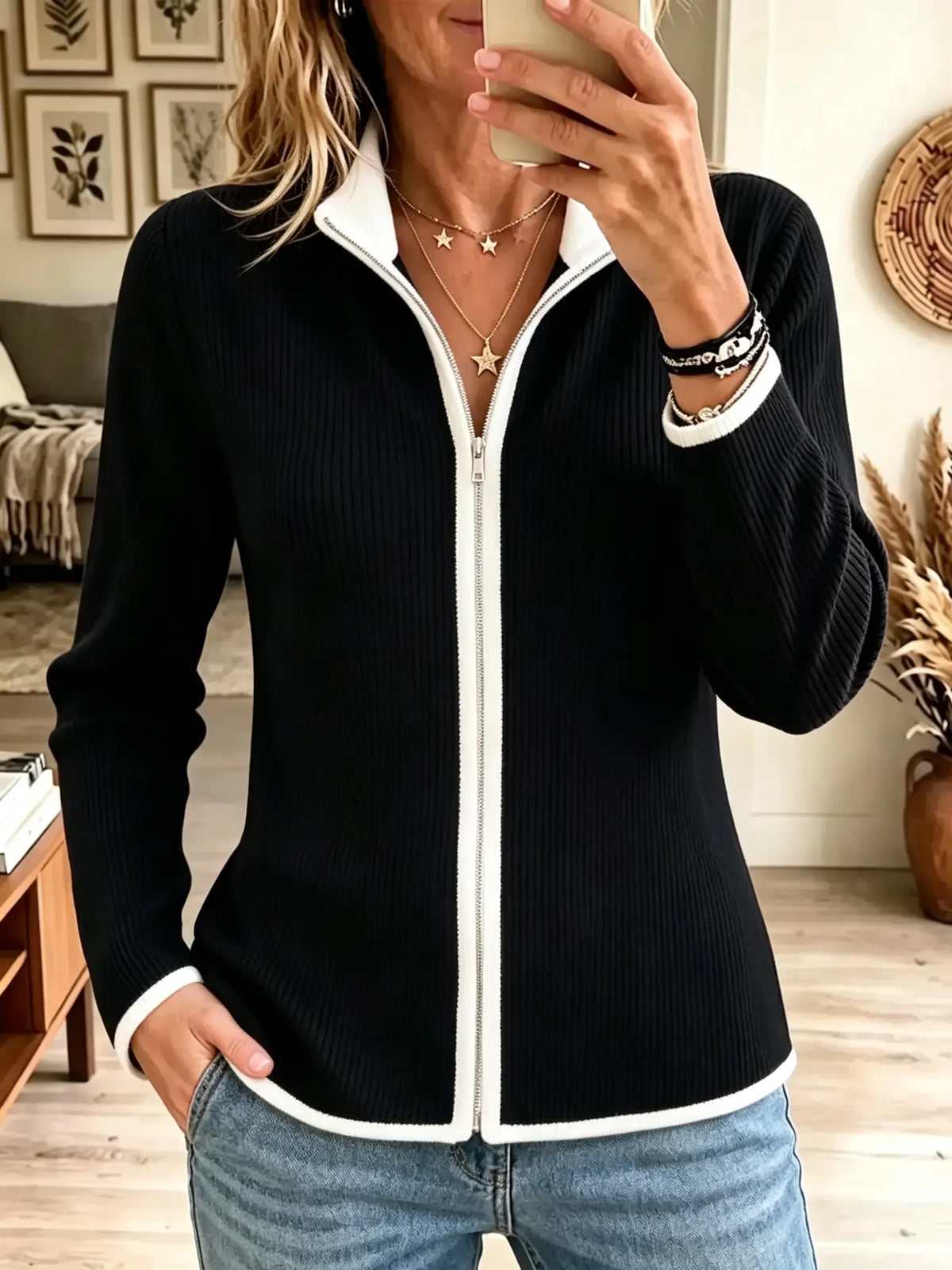 Women's Contrast Trim Full-Zip Ribbed Knit Cardigan