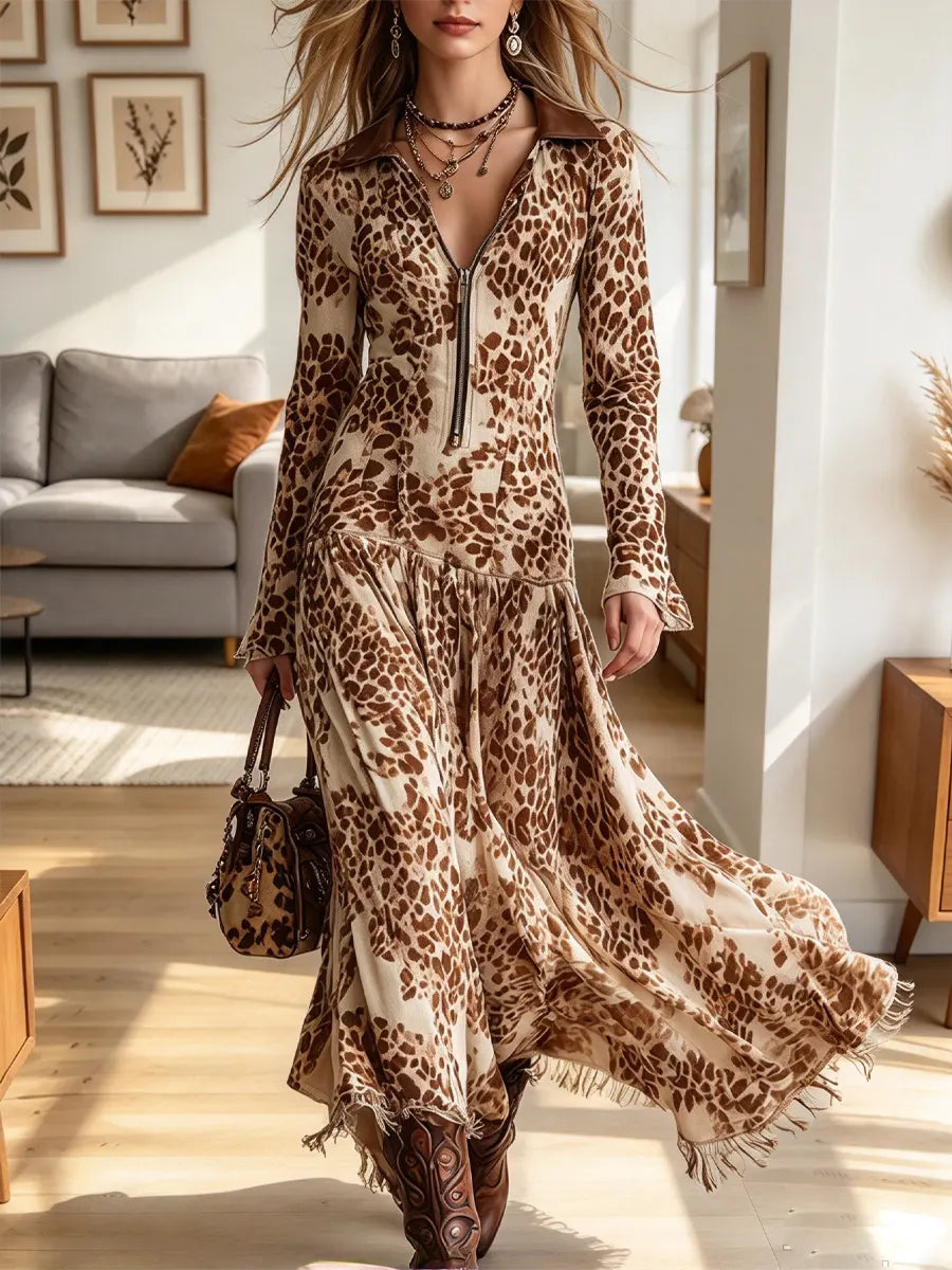 Vintage Chic Leopard Fringe Art Casual Stylish Long Sleeve Dress