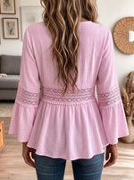 Women V Neck Tassel Lace Bell Sleeve Blouse, Boho Peplum Casual Tunic Top