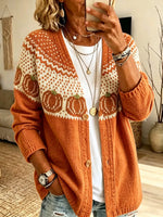 Vintage Pumpkin Pattern Knit Art Casual Stylish Long Sleeve Cardigan Coat