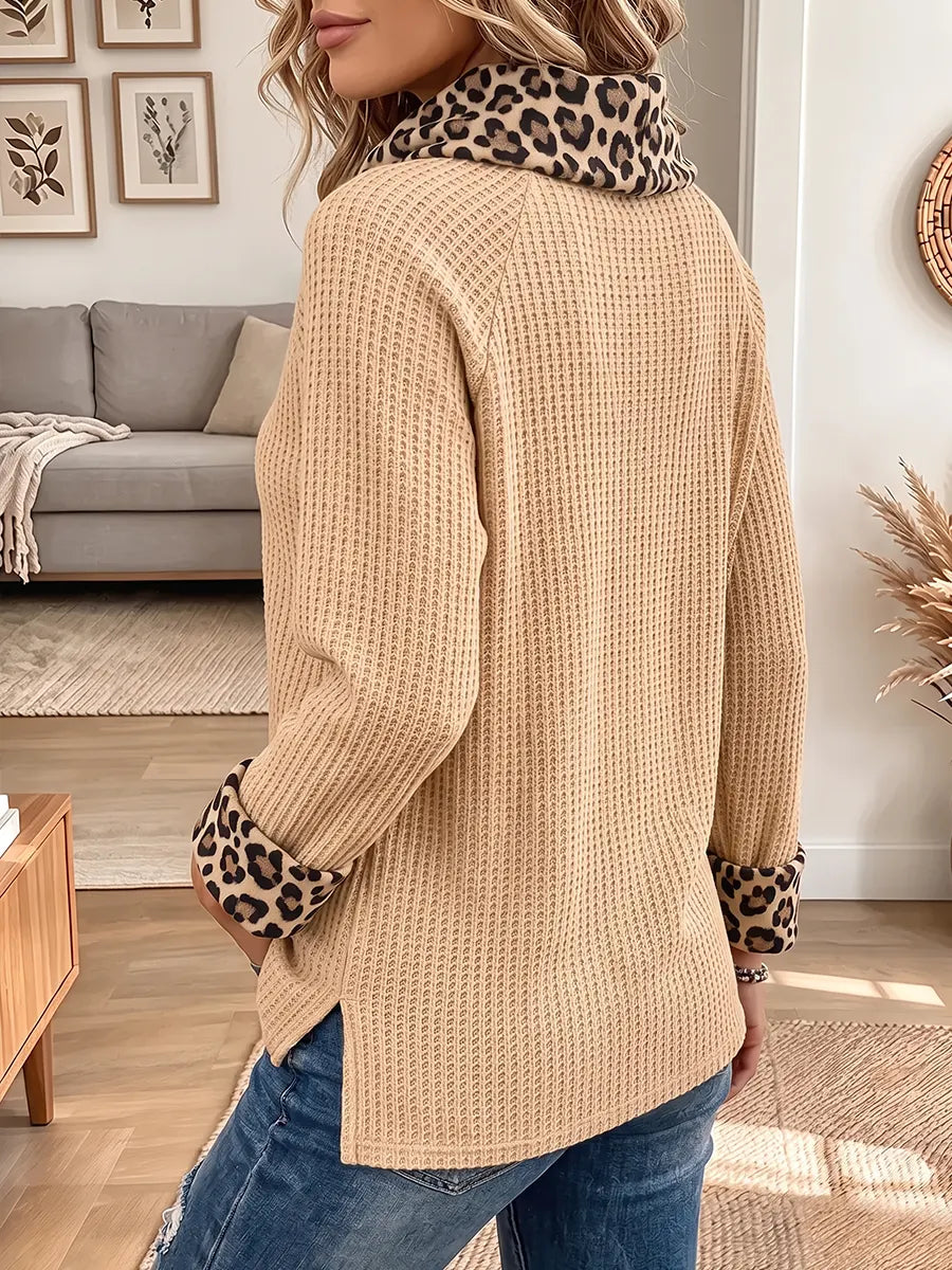 Vintage Elegant Waffle Knit Patchwork Leopard Turtleneck Shirt