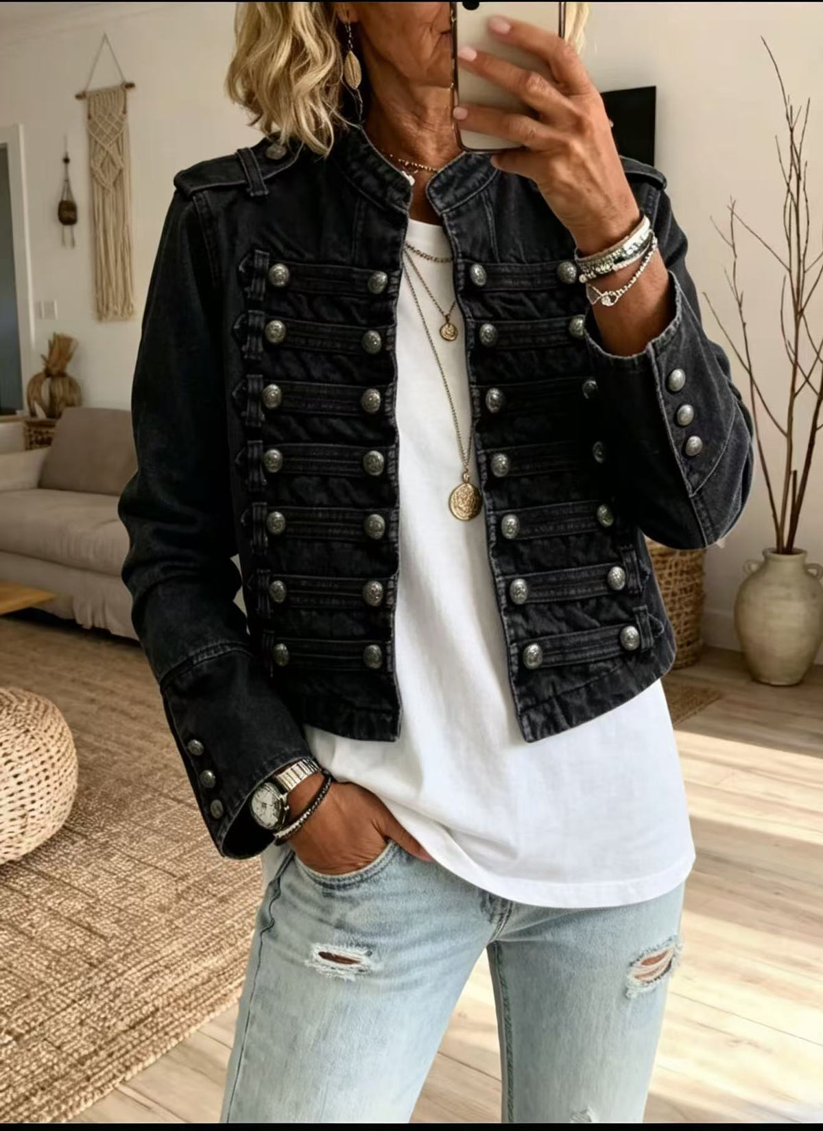 Women Military Double Breasted Cropped Denim Jacket