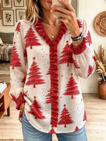 Women's Christmas Tree Print Ruffle Trim Long Sleeve V Neck Blouse