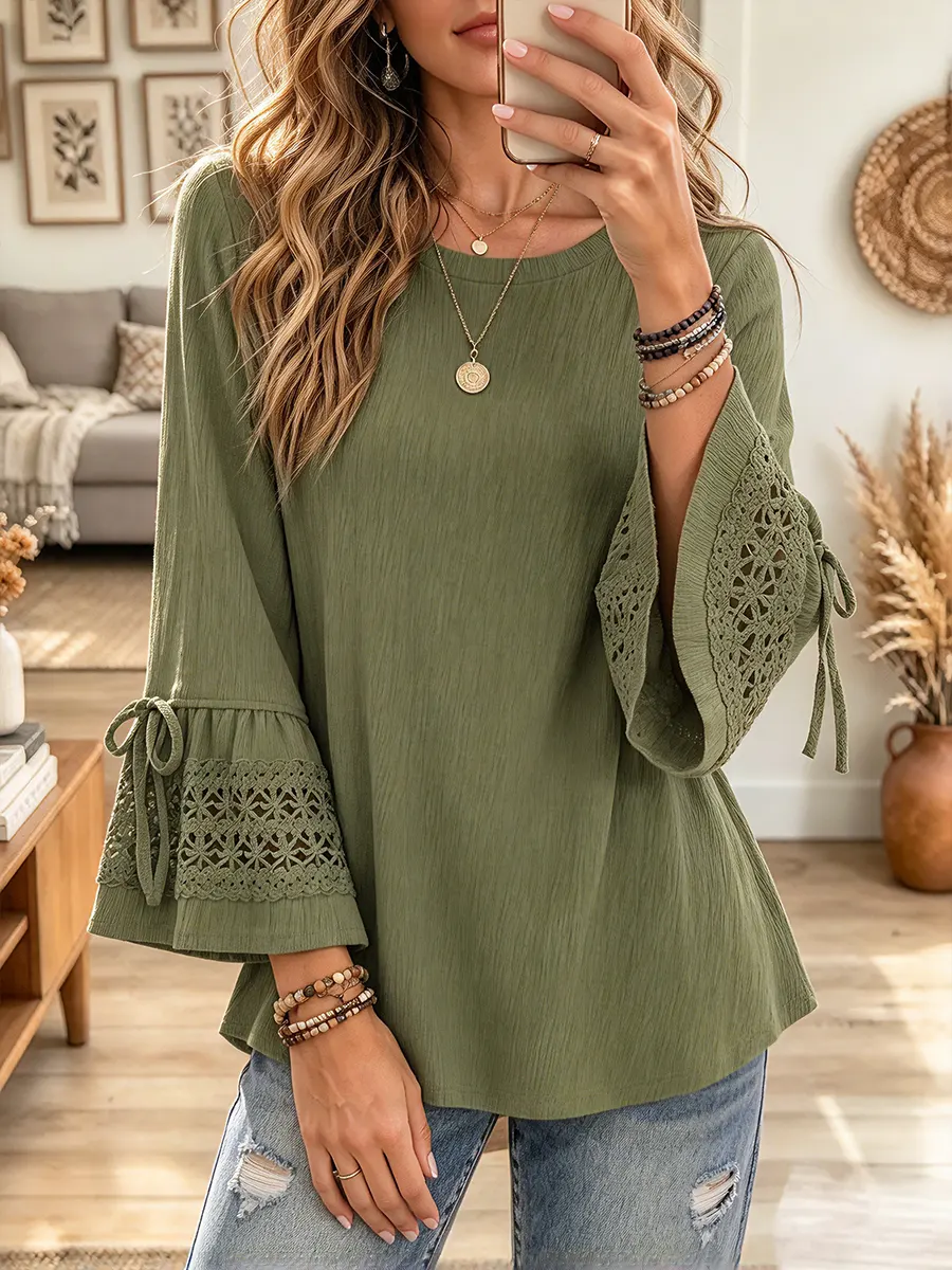 Vintage Elegant Cotton And Linen Patchwork Lace Shirt