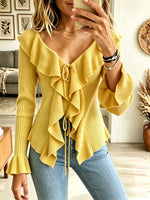 Women's Ruffled Tie-Front Ribbed Knit Cardigan