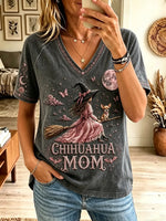 Women's Chihuahua Mom Flying Witch Graphic T-Shirt