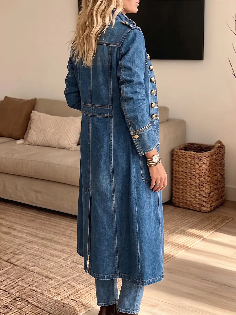 Vintage Elegant Washed Denim Military Officer Longline Gold-Button Fitted Statement Coat