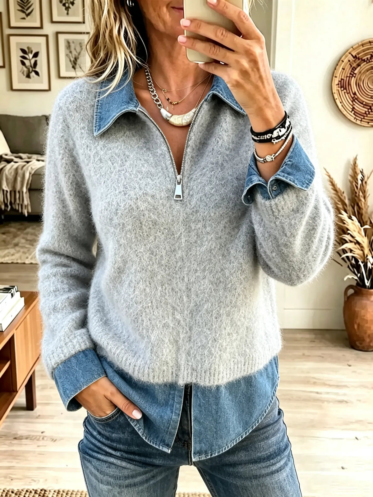 Women's Denim Patchwork Half-Zip Fuzzy Knit Sweater