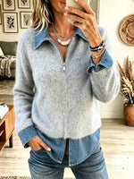 Women's Denim Patchwork Half-Zip Fuzzy Knit Sweater