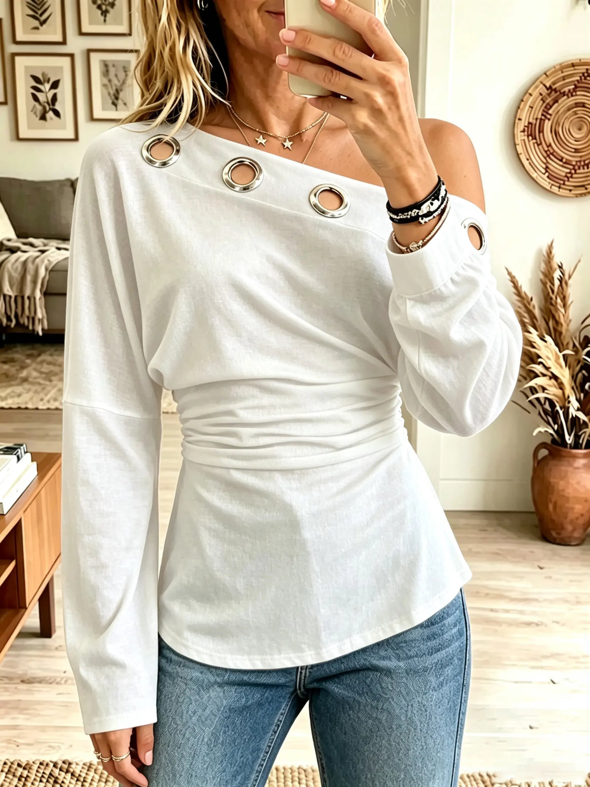 Women's Grommet One-Shoulder Ruched Waist Top
