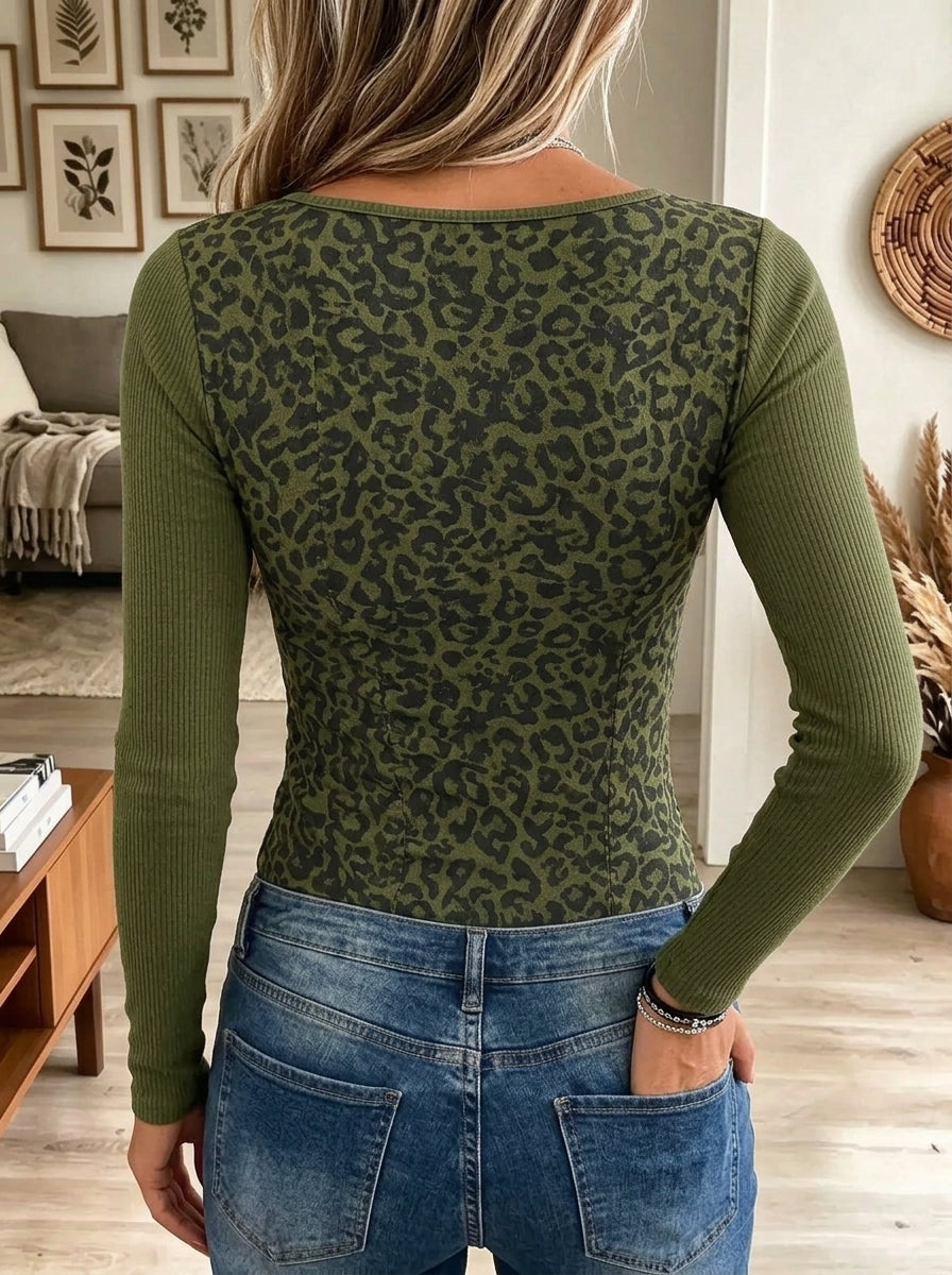 Women's Leopard Print Ruched Bustier Long-Sleeve Top