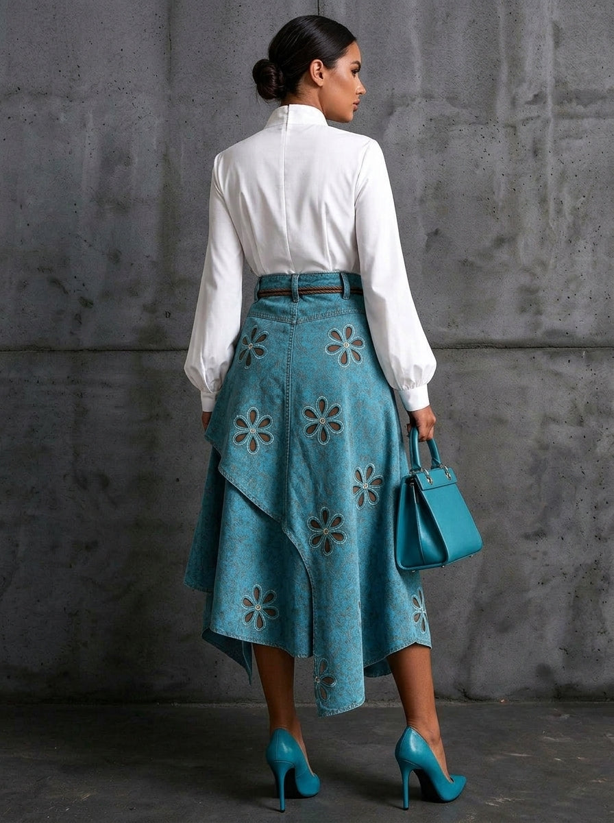 Women Teal Denim Hollow Floral Embroidery Asymmetrical Ruffle Midi Skirt