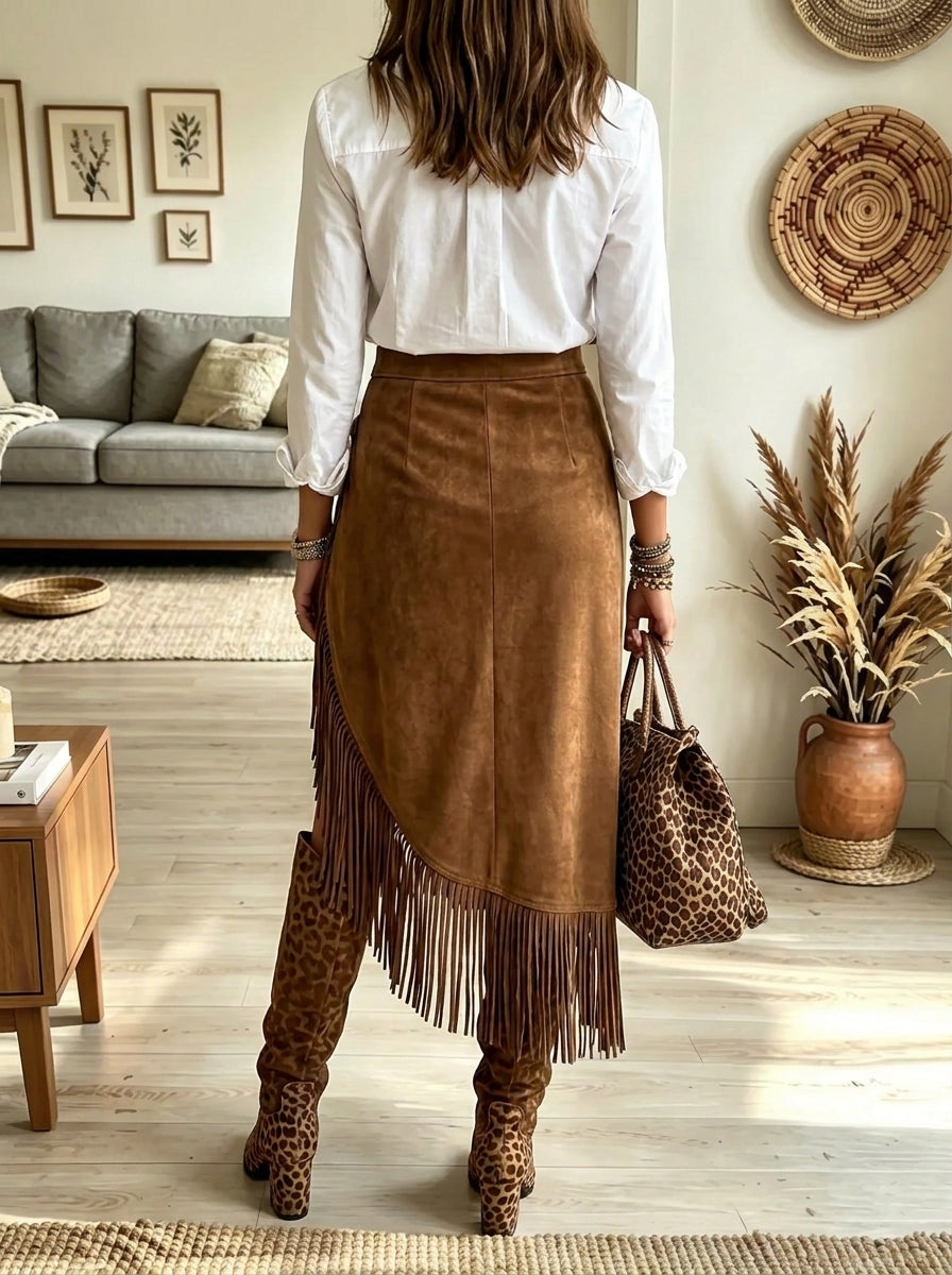 Women's Asymmetrical Fringe Hem Suede Wrap Skirt