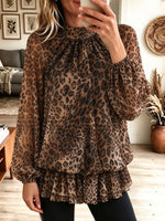 Women Leopard Mock Neck Lantern Sleeve Ruffle Hem Chiffon Tunic Blouse