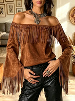 Women's Off-the-Shoulder Fringe Bell Sleeve Suede Top
