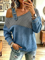 Vintage Plaid Pattern Denim Patchwork Art Casual Stylish Long Sleeve Top