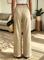 Women's Scalloped Lace Hem Linen Wide-Leg Pants