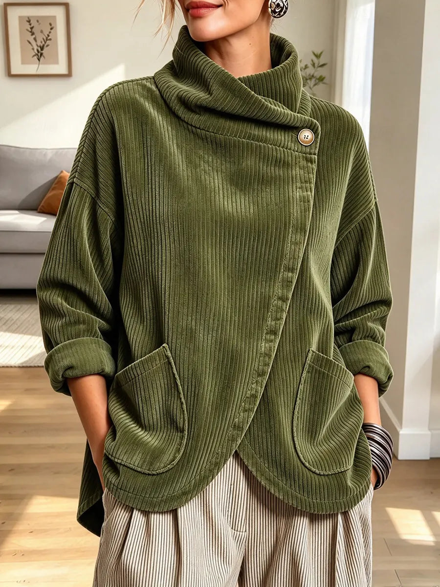 Retro Asymmetrical Art Casual Pockets Stylish Long Sleeve Corduroy Coat