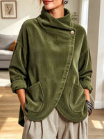 Retro Asymmetrical Art Casual Pockets Stylish Long Sleeve Corduroy Coat