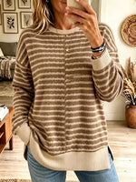 Women's Striped Drop-Shoulder Side-Slit Knit Sweater
