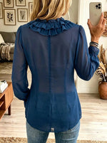 Women's Cascading Ruffle Plunge Sheer Chiffon Blouse