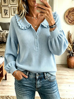 Women's Ruffle Collar Henley Knit Sweater, Balloon Long Sleeve Ribbed Casual Pullover Top