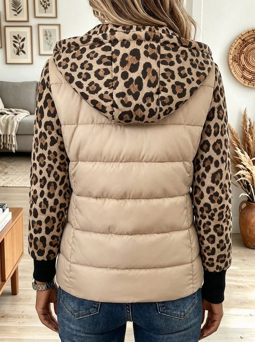 Women's Beige Puffer Winter Jacket Coat with Leopard Print Hood and Sleeves
