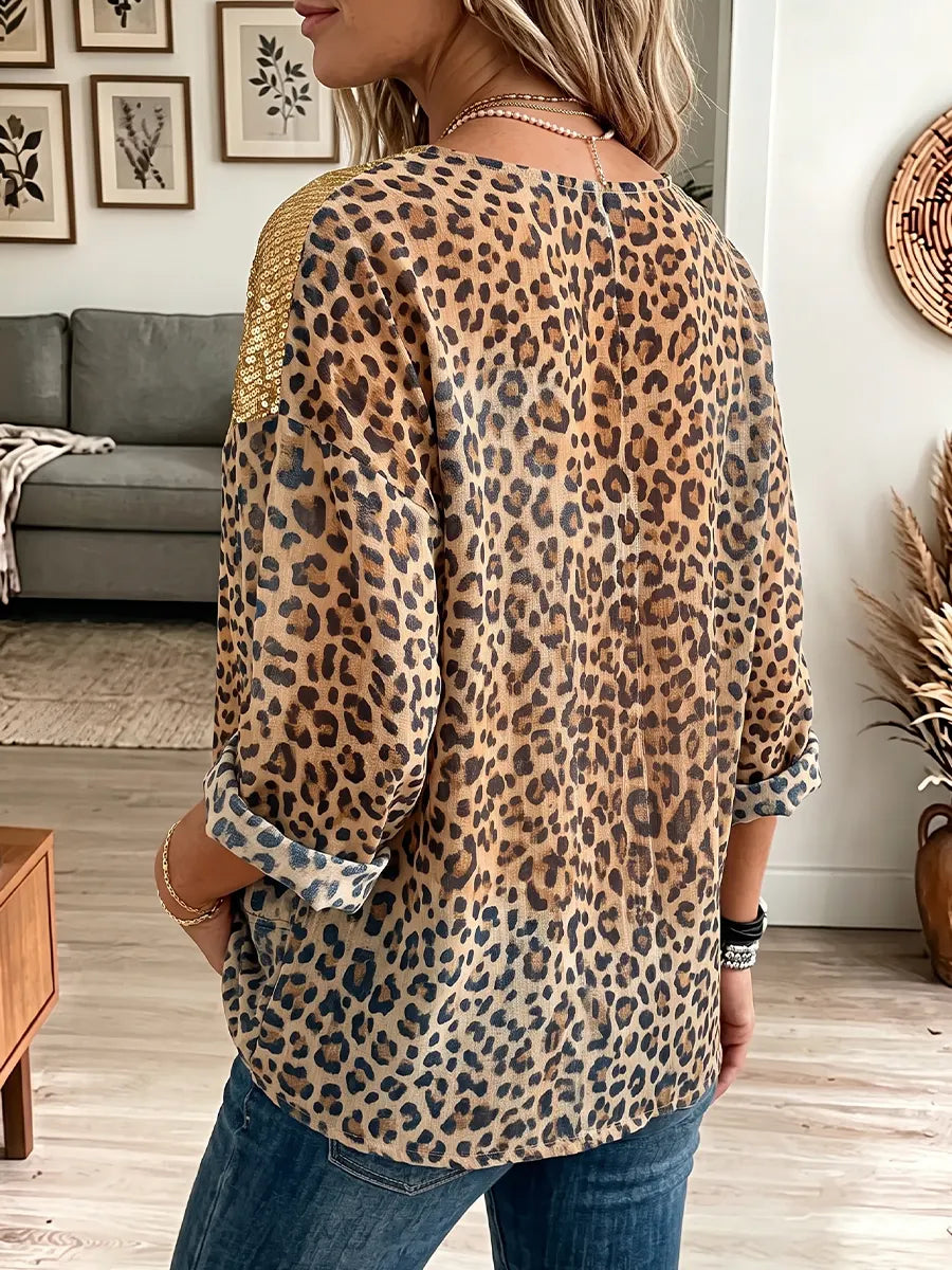 Vintage Elegant Sequin Paneled Leopard Print Chiffon Shirt
