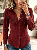 Women Western Faux Suede Fringe Long Sleeve Button Down Shirt