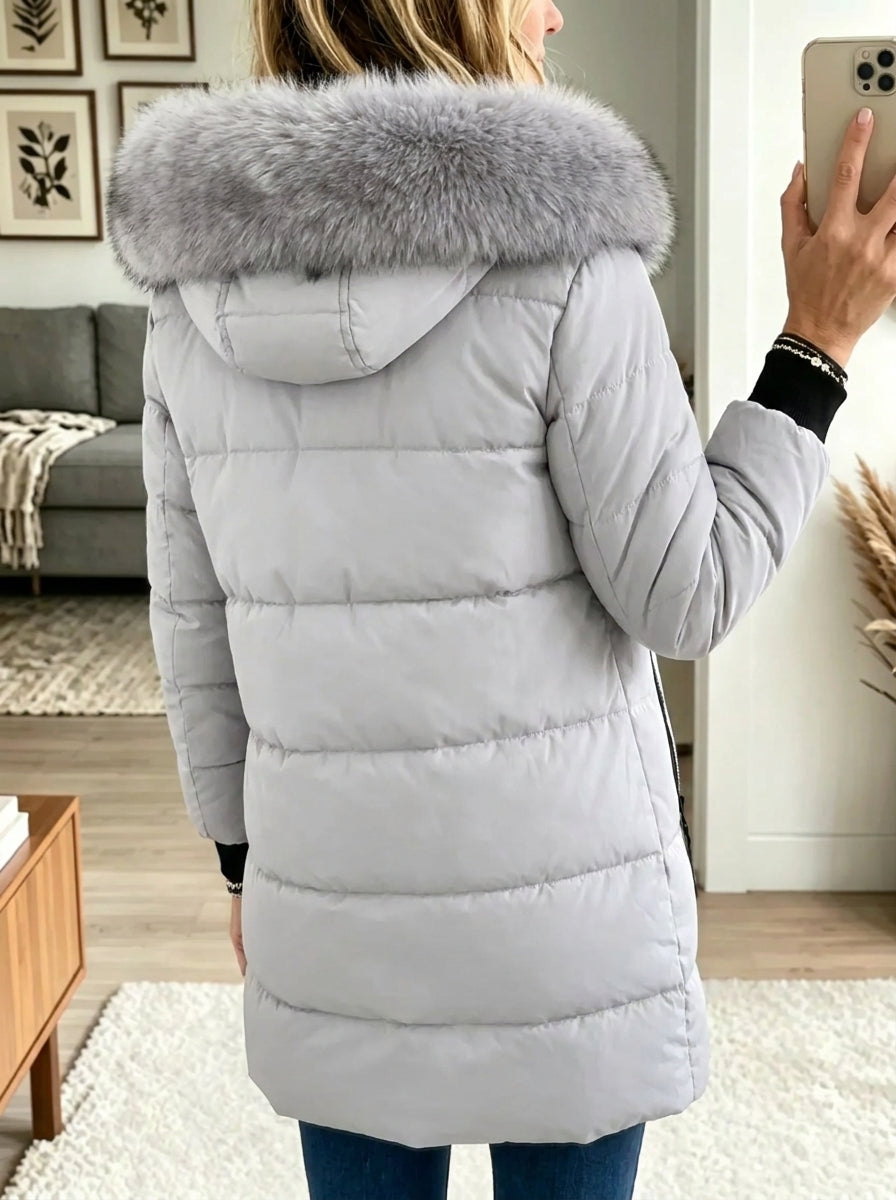 Women's Faux Fur Trim Hooded Quilted Puffer Coa